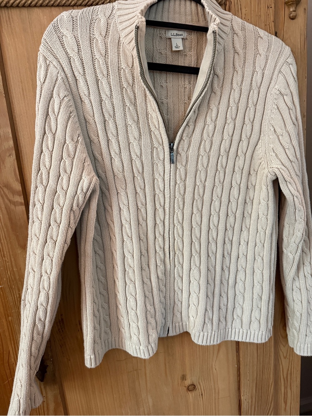 L.L. Bean 100# Cotton Cable-Knit Full Zip Sweater — Cream